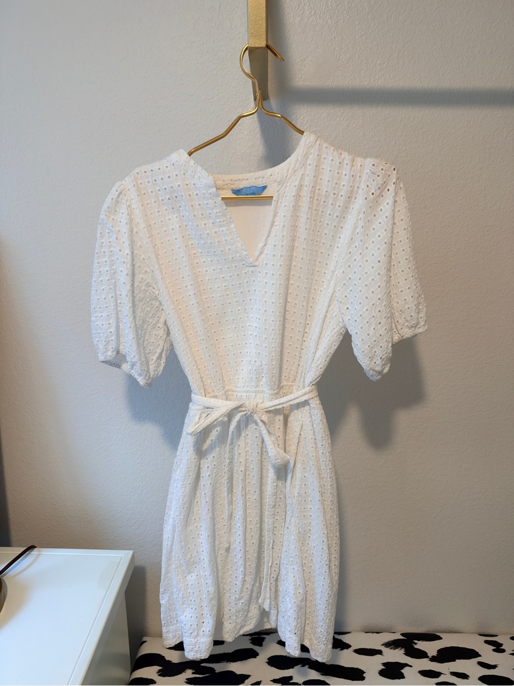 Draper James White Eyelet V-Neck Tie-Waist Mini Dress